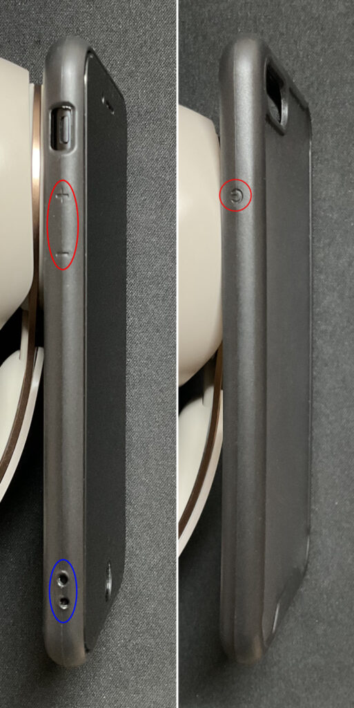 側面左（写真左）：赤丸は音量ボタン部分　青丸はストラップホール。　側面右（写真左）：赤丸は電源ボタン部分